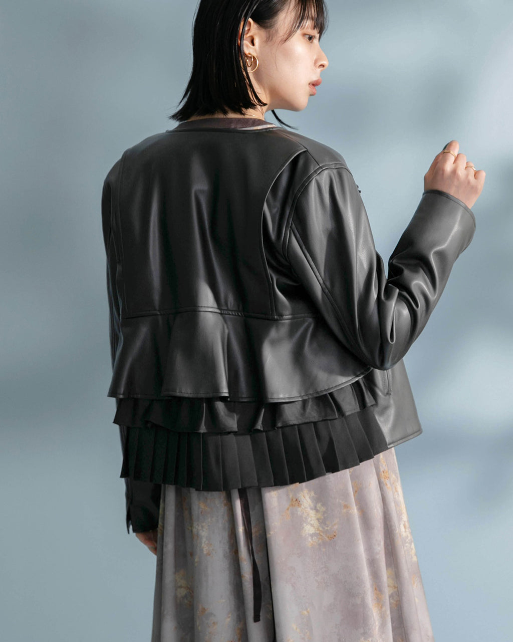 Ruffle Pleated Layer Faux Leather Jacket