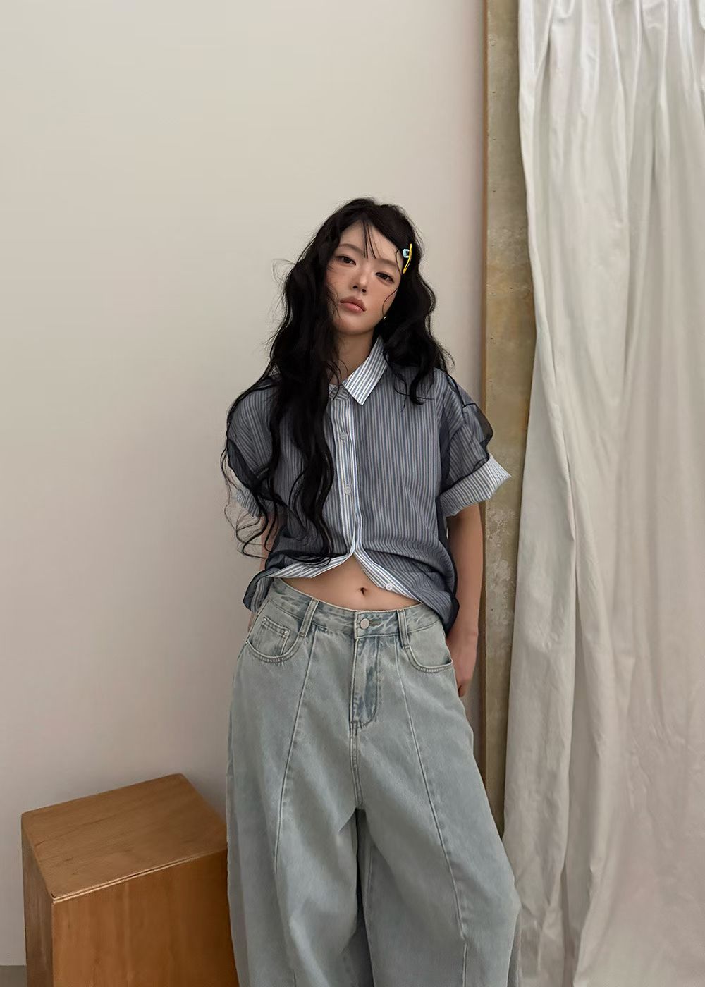 Mesh Layer Pinstripe Shirt (3 colors)
