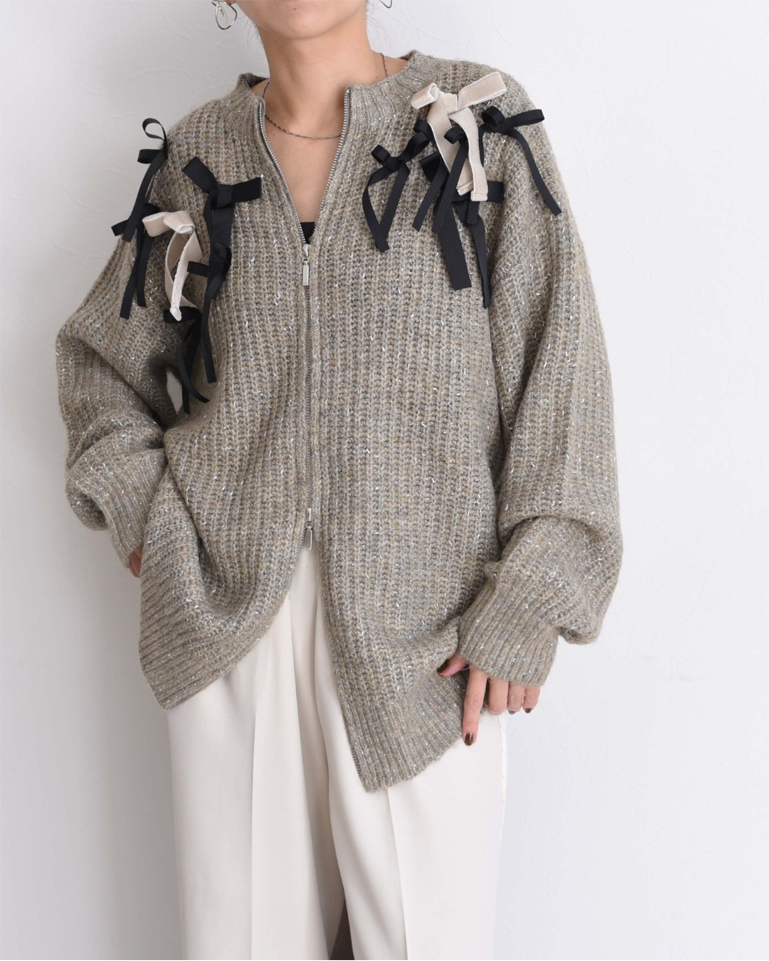 Ribbon Details Metallic Cardigan (2 color)