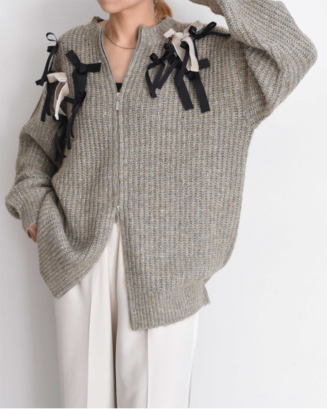 Ribbon Details Metallic Cardigan (2 color)