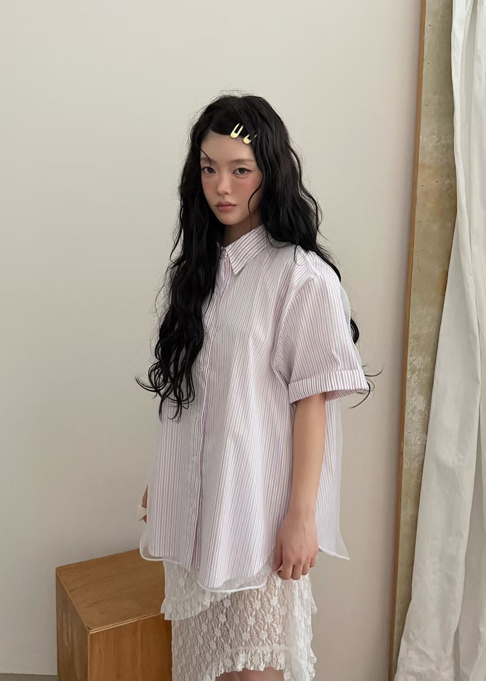 Mesh Layer Pinstripe Shirt (3 colors)
