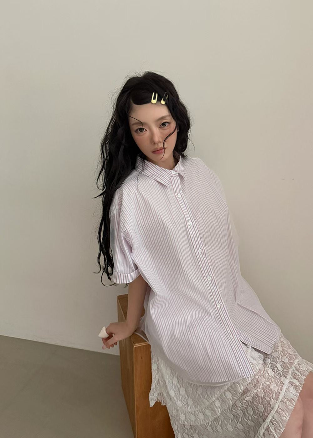 Mesh Layer Pinstripe Shirt (3 colors)