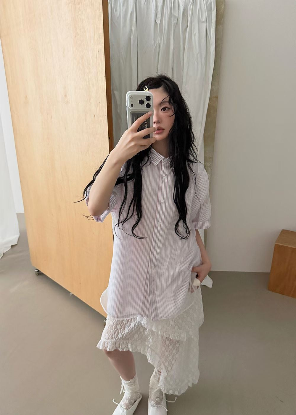 Mesh Layer Pinstripe Shirt (3 colors)