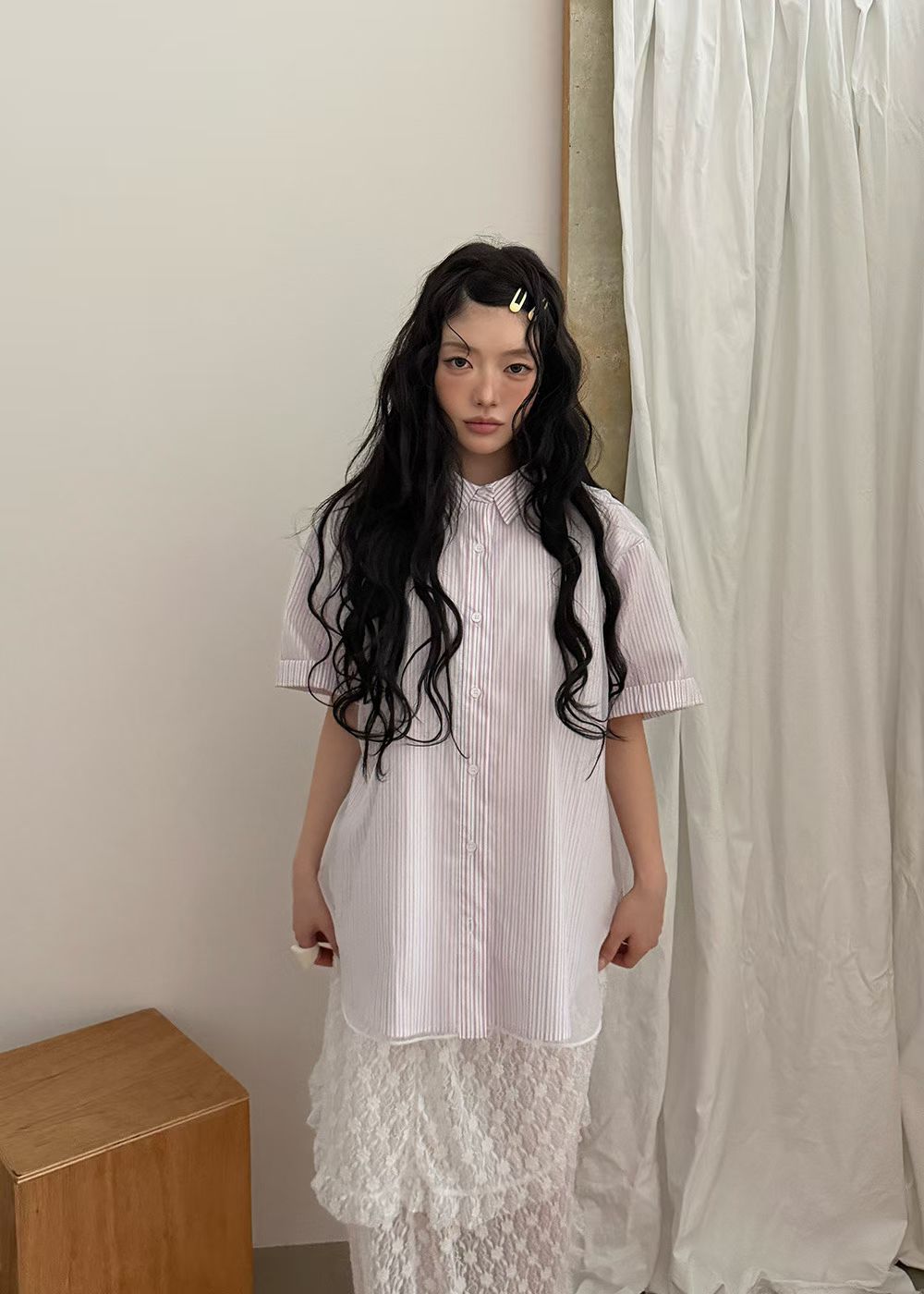 Mesh Layer Pinstripe Shirt (3 colors)