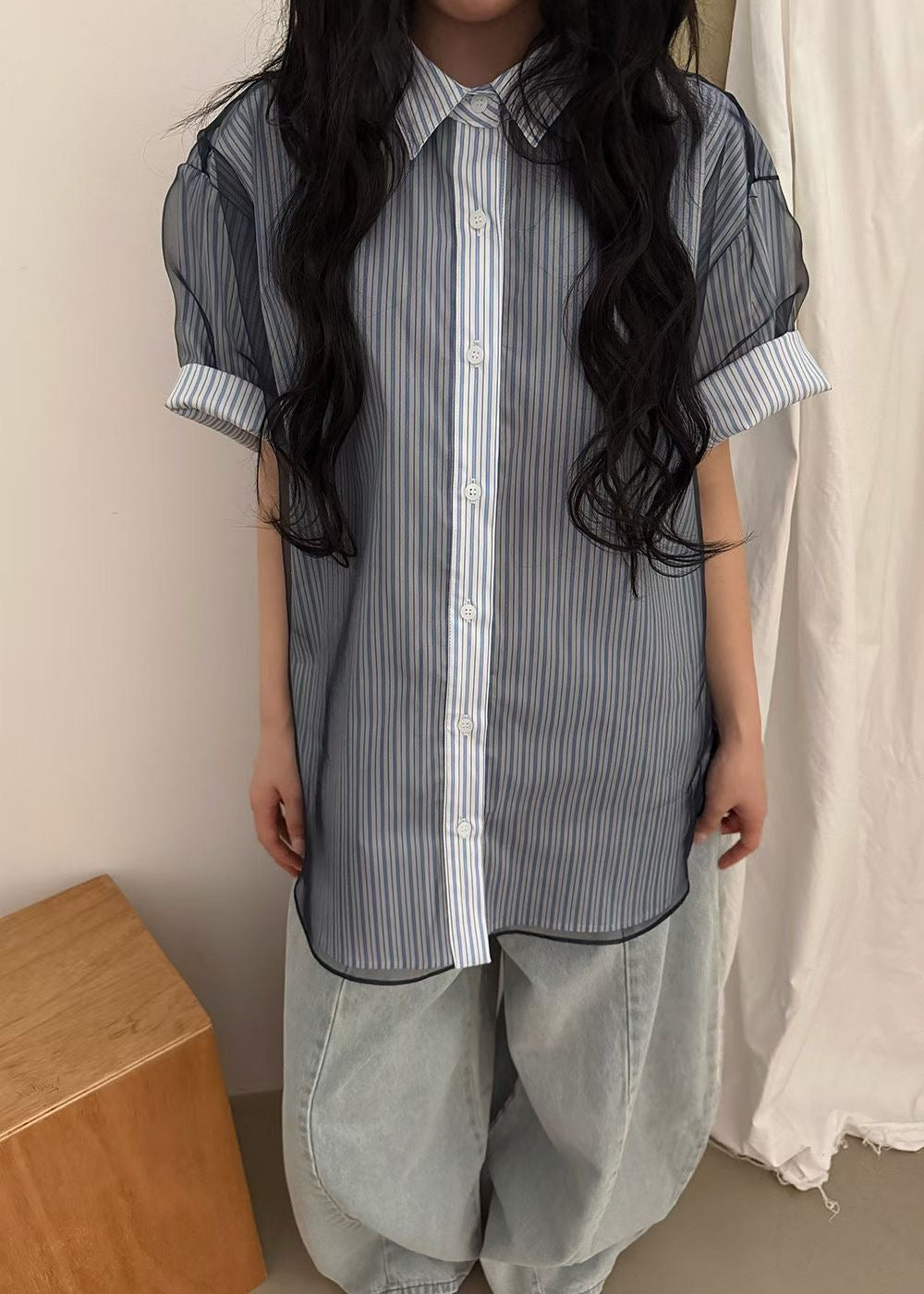 Mesh Layer Pinstripe Shirt (3 colors)