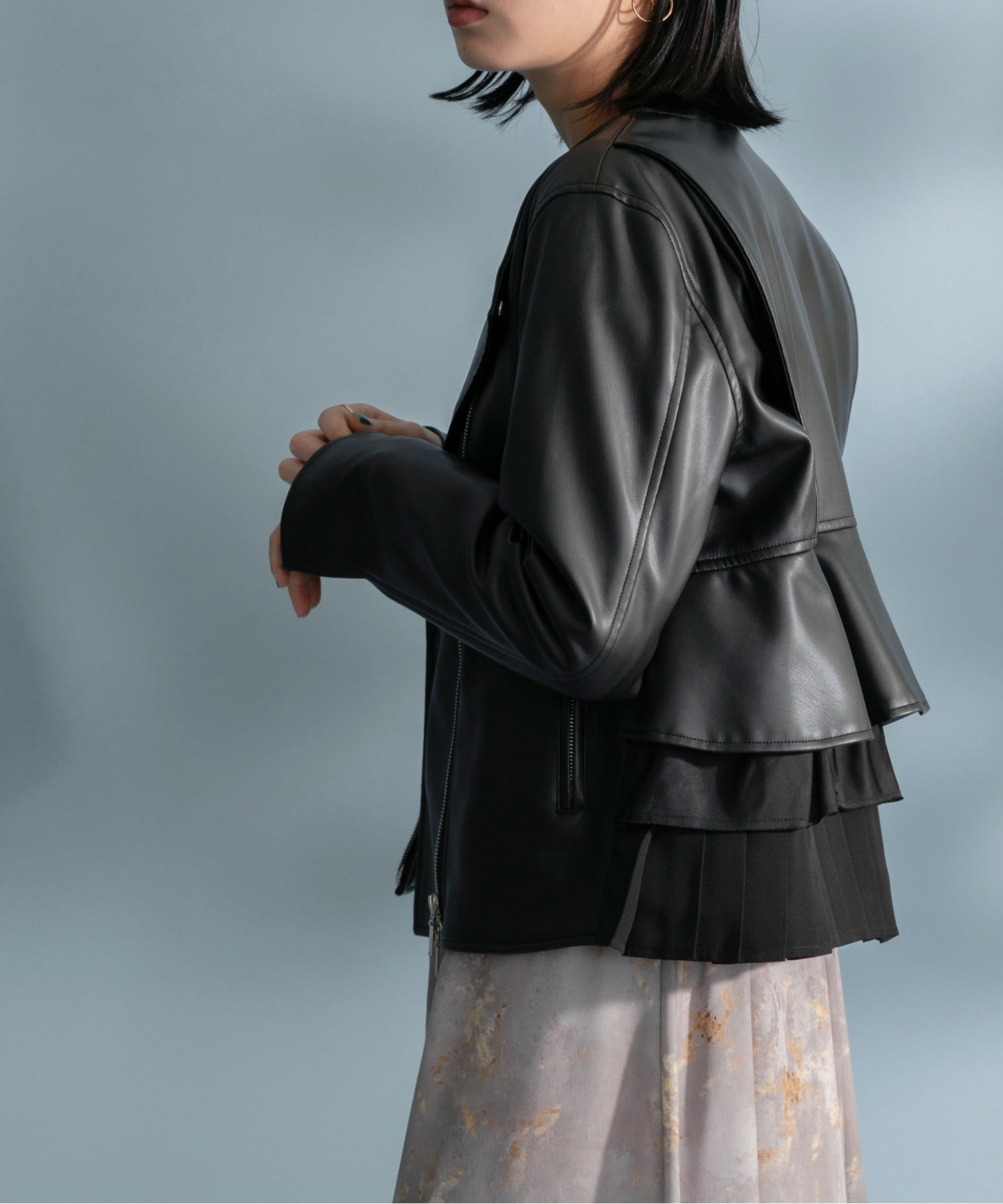 Ruffle Pleated Layer Faux Leather Jacket