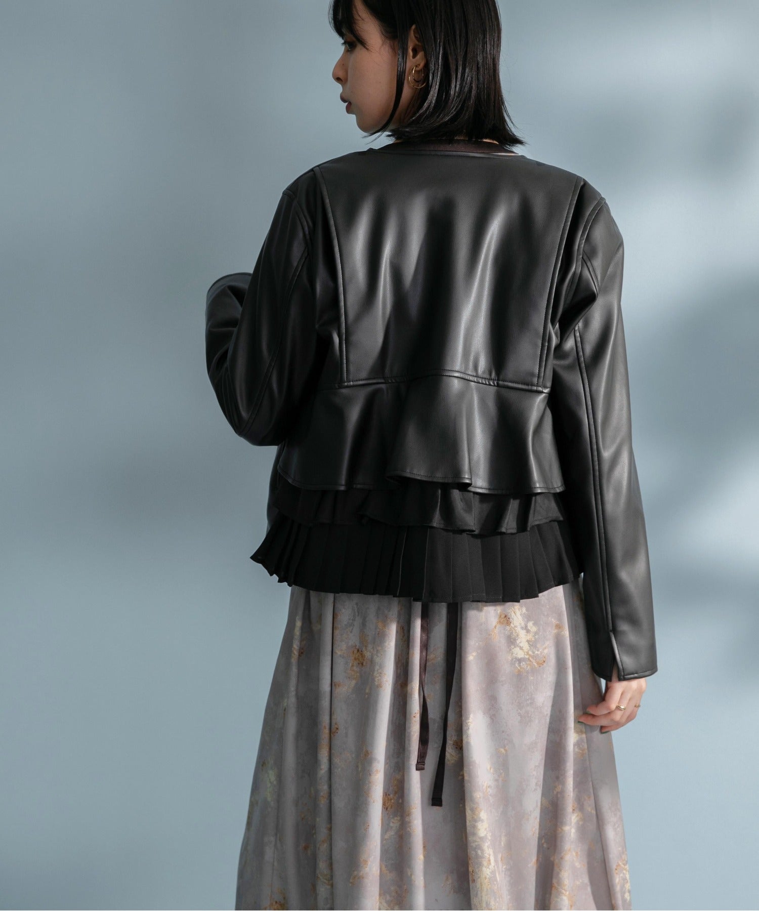 Ruffle Pleated Layer Faux Leather Jacket