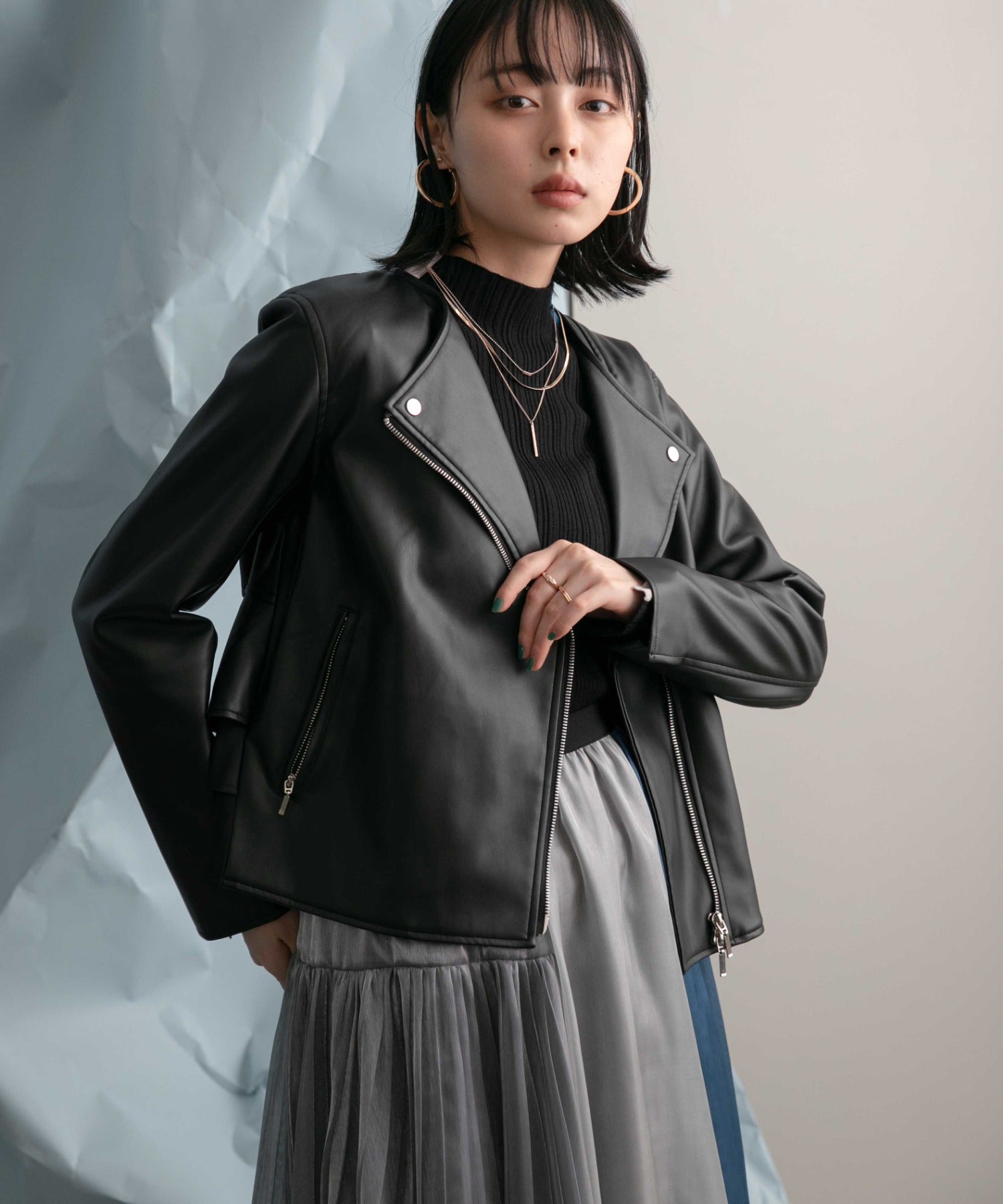 Ruffle Pleated Layer Faux Leather Jacket