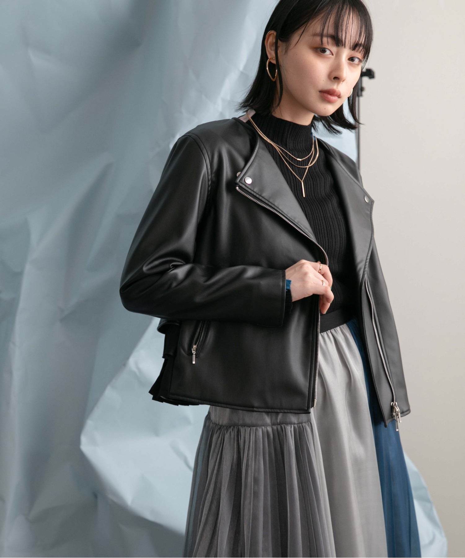 Ruffle Pleated Layer Faux Leather Jacket
