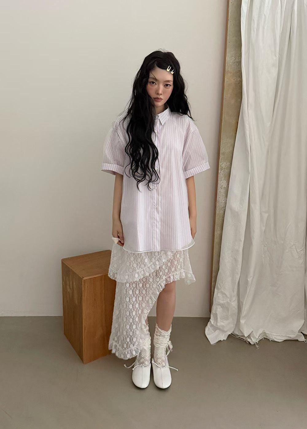 Mesh Layer Pinstripe Shirt (3 colors)