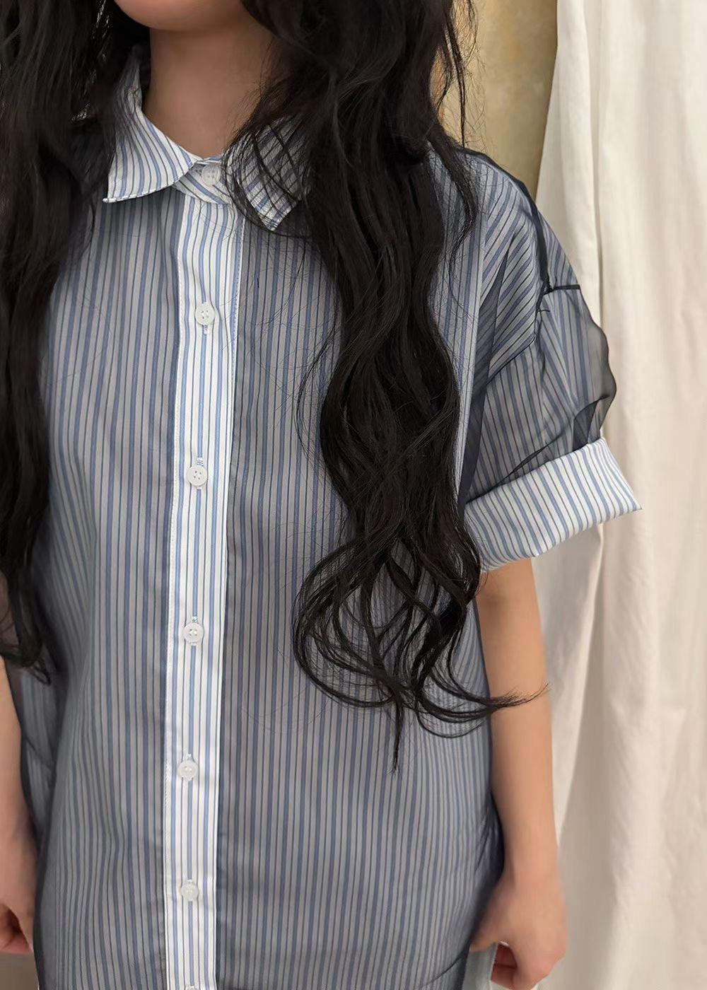 Mesh Layer Pinstripe Shirt (3 colors)