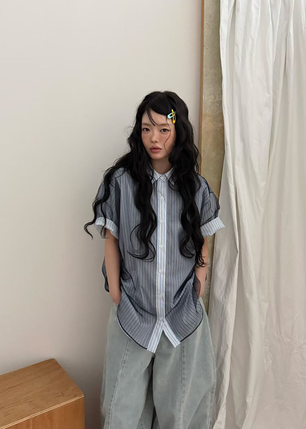 Mesh Layer Pinstripe Shirt (3 colors)