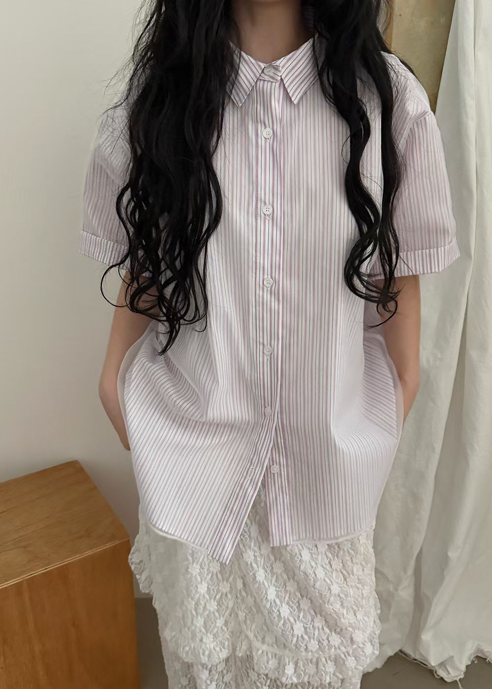 Mesh Layer Pinstripe Shirt (3 colors)