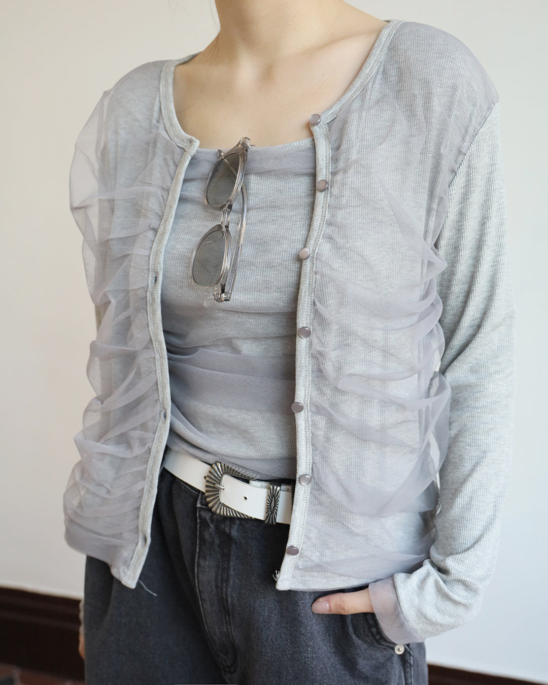Ruched Mesh Cardigan