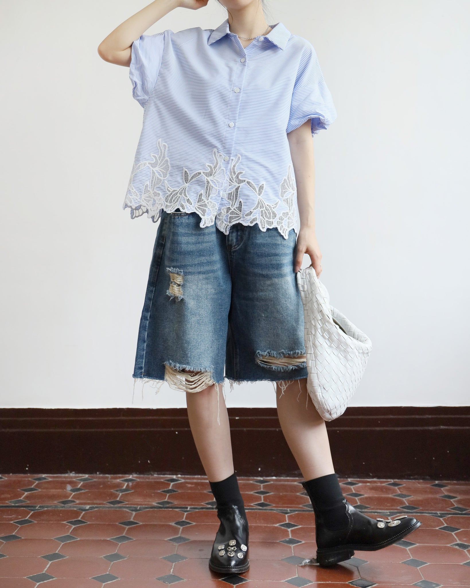 Embroidery Pinstriped Blouse