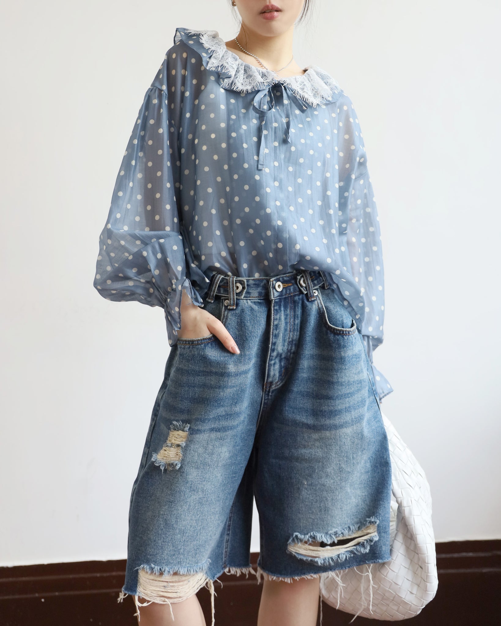*Lace Collar Polka Dots Top
