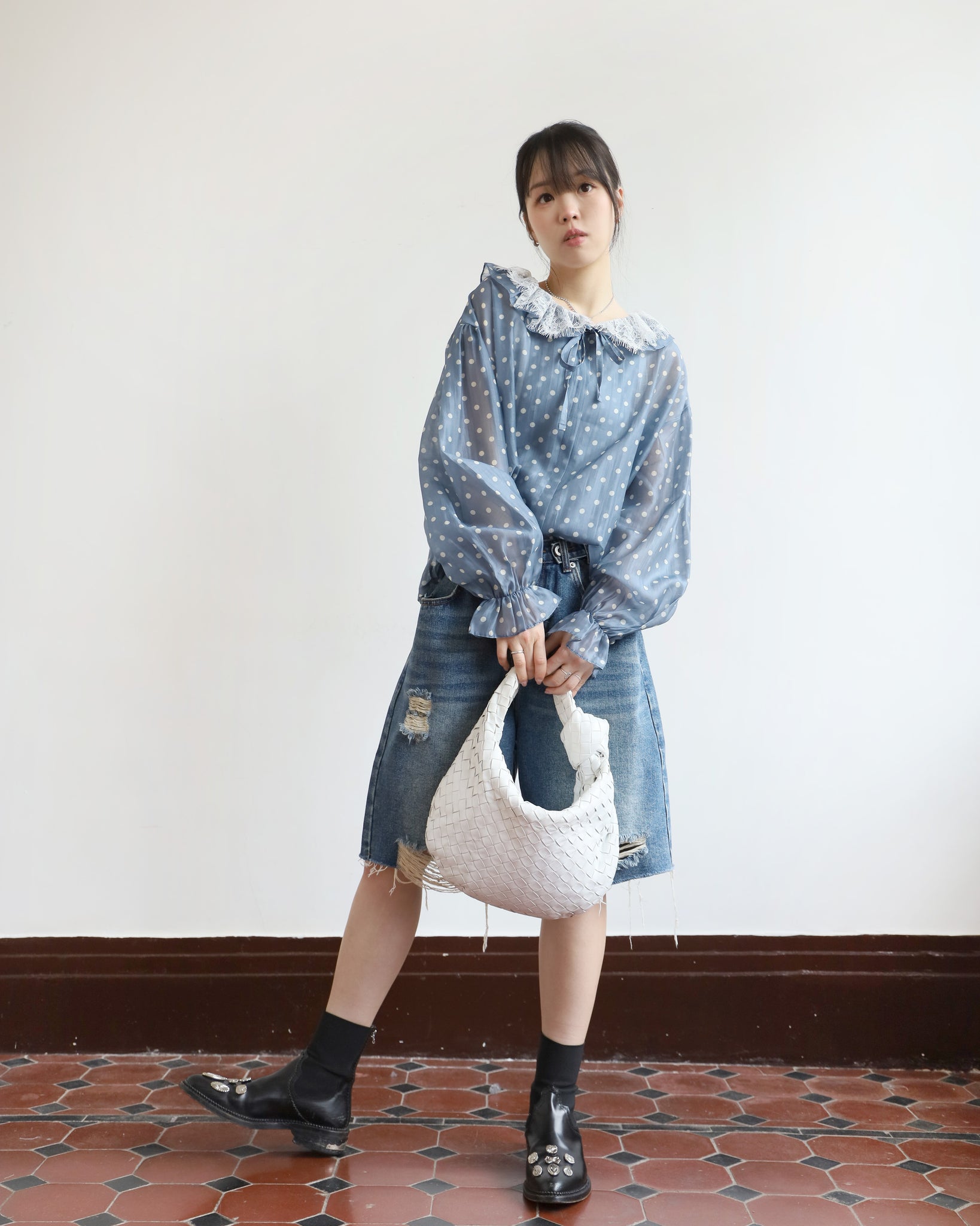 *Lace Collar Polka Dots Top