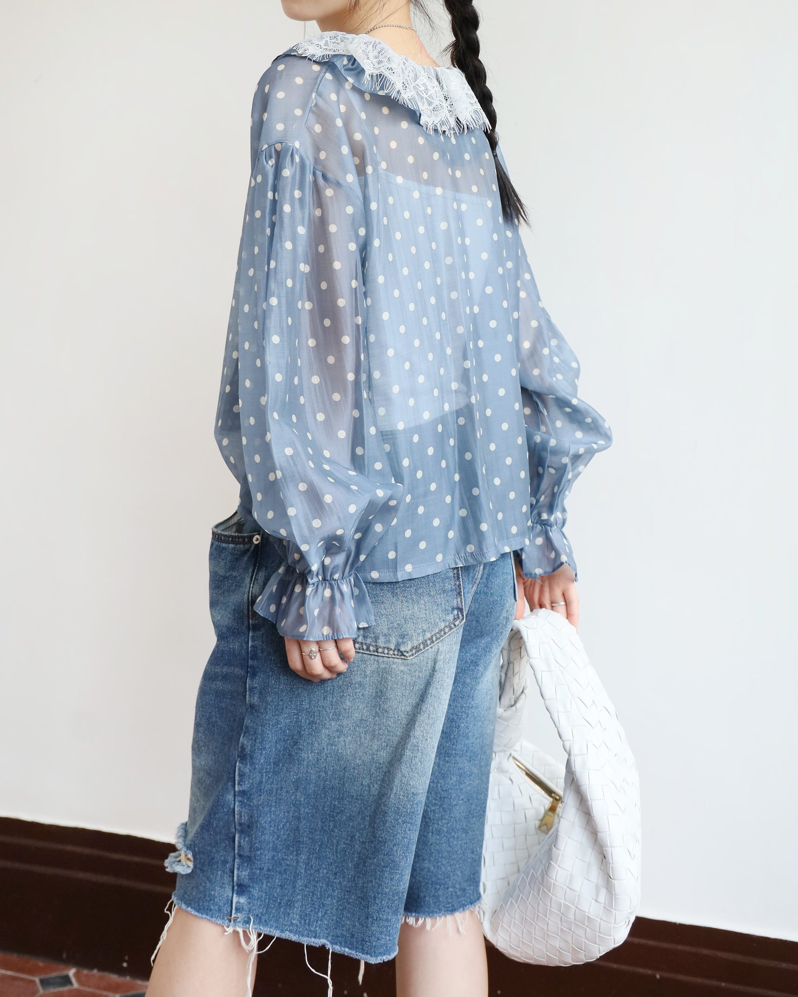 *Lace Collar Polka Dots Top