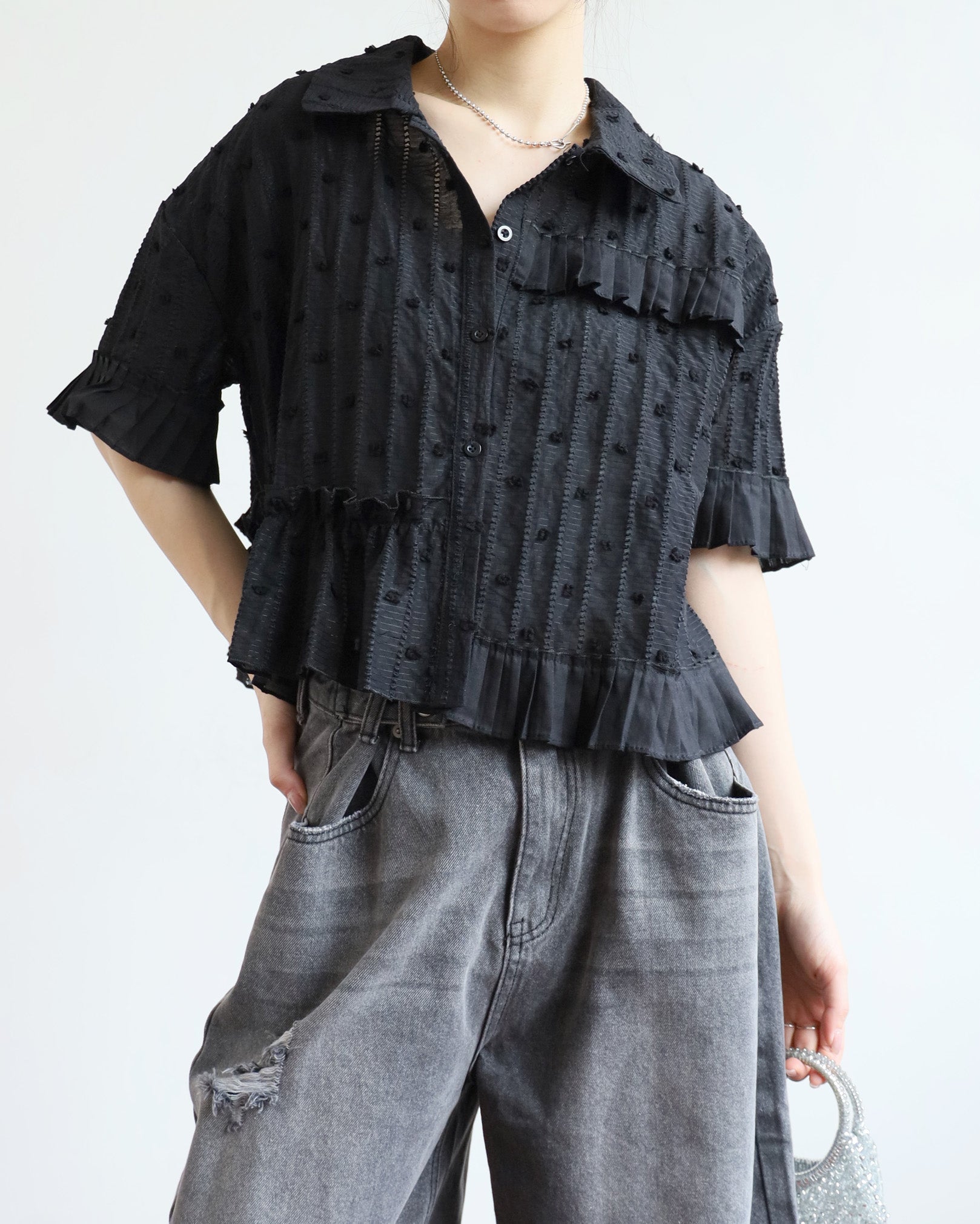 Texture Fabric Pleated Trim Top (2 colors)