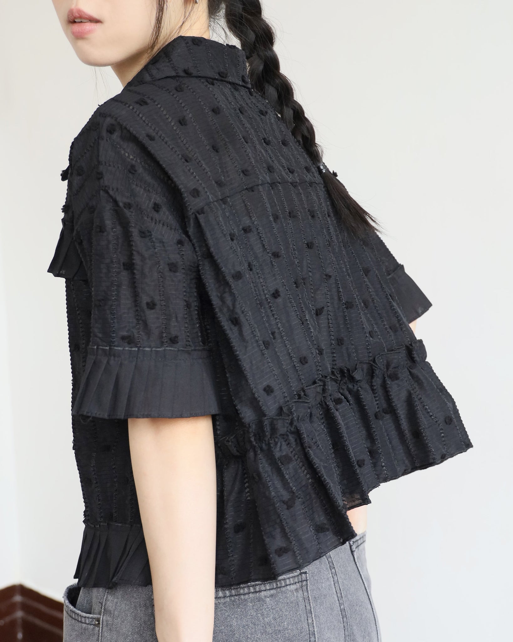 Texture Fabric Pleated Trim Top (2 colors)