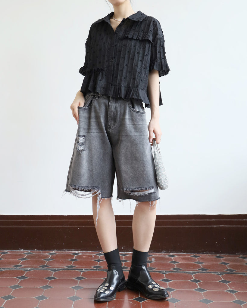 Texture Fabric Pleated Trim Top (2 colors)