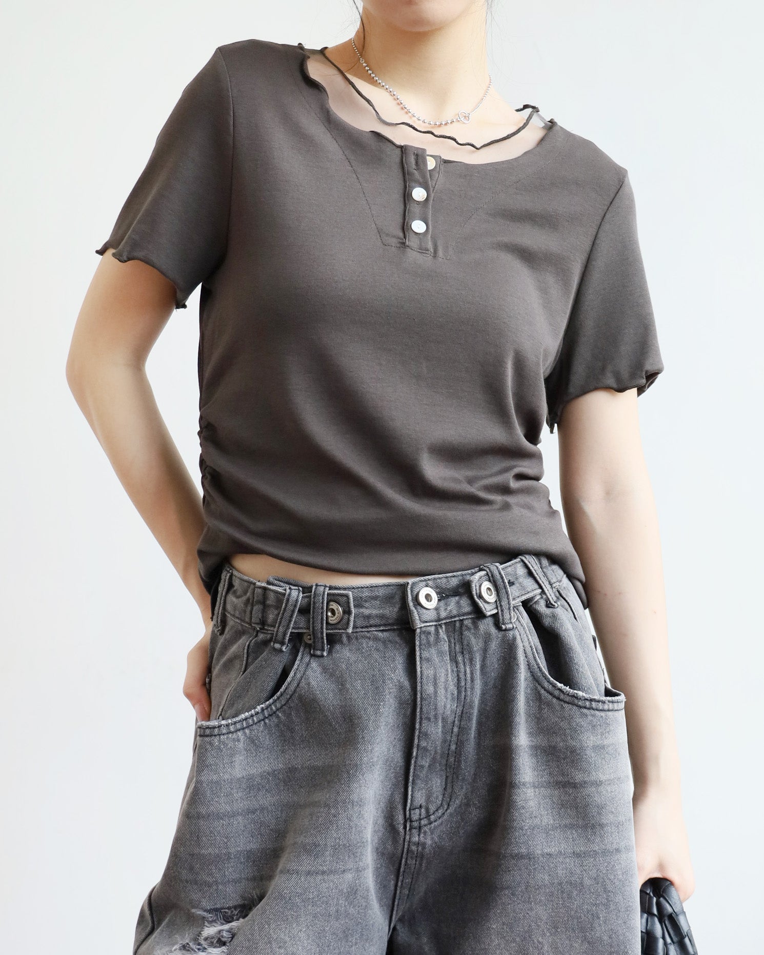 Mesh Trim Henley Top (4 colors)