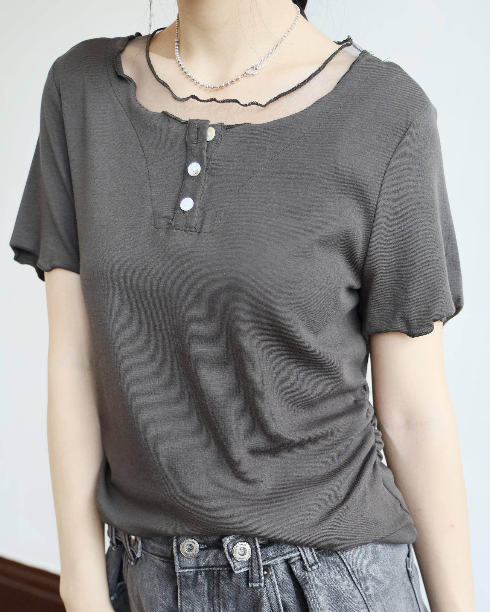 Mesh Trim Henley Top (4 colors)