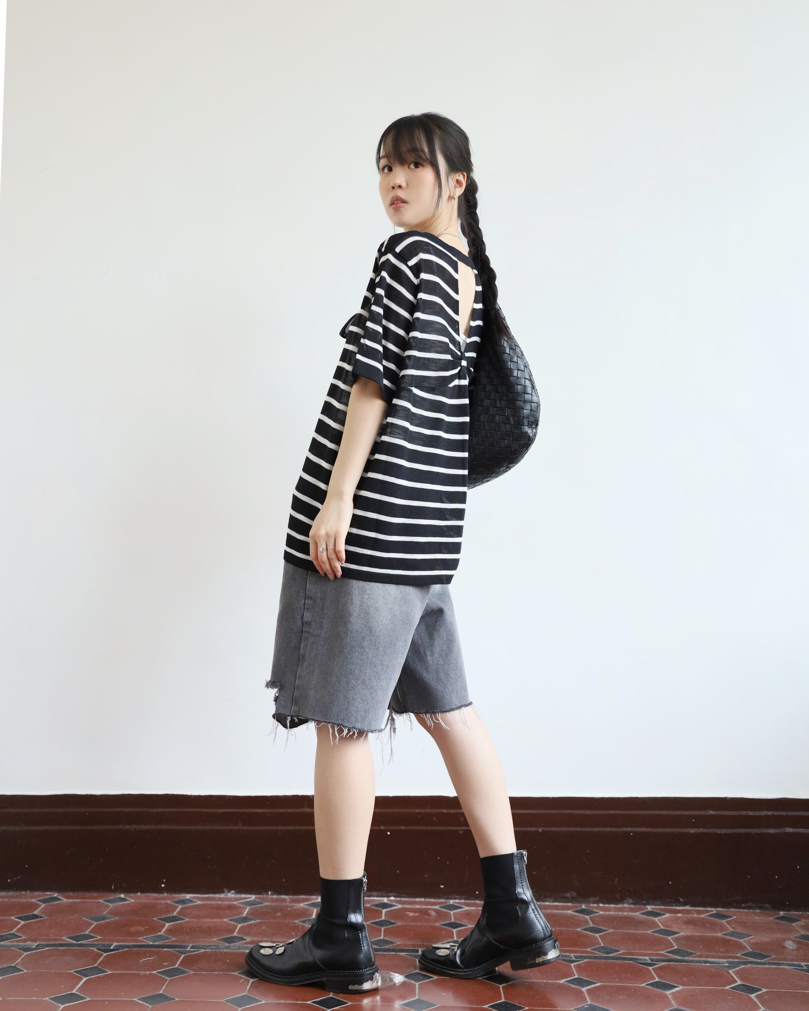 Cut Out Back Striped Knit Top (2 colors)