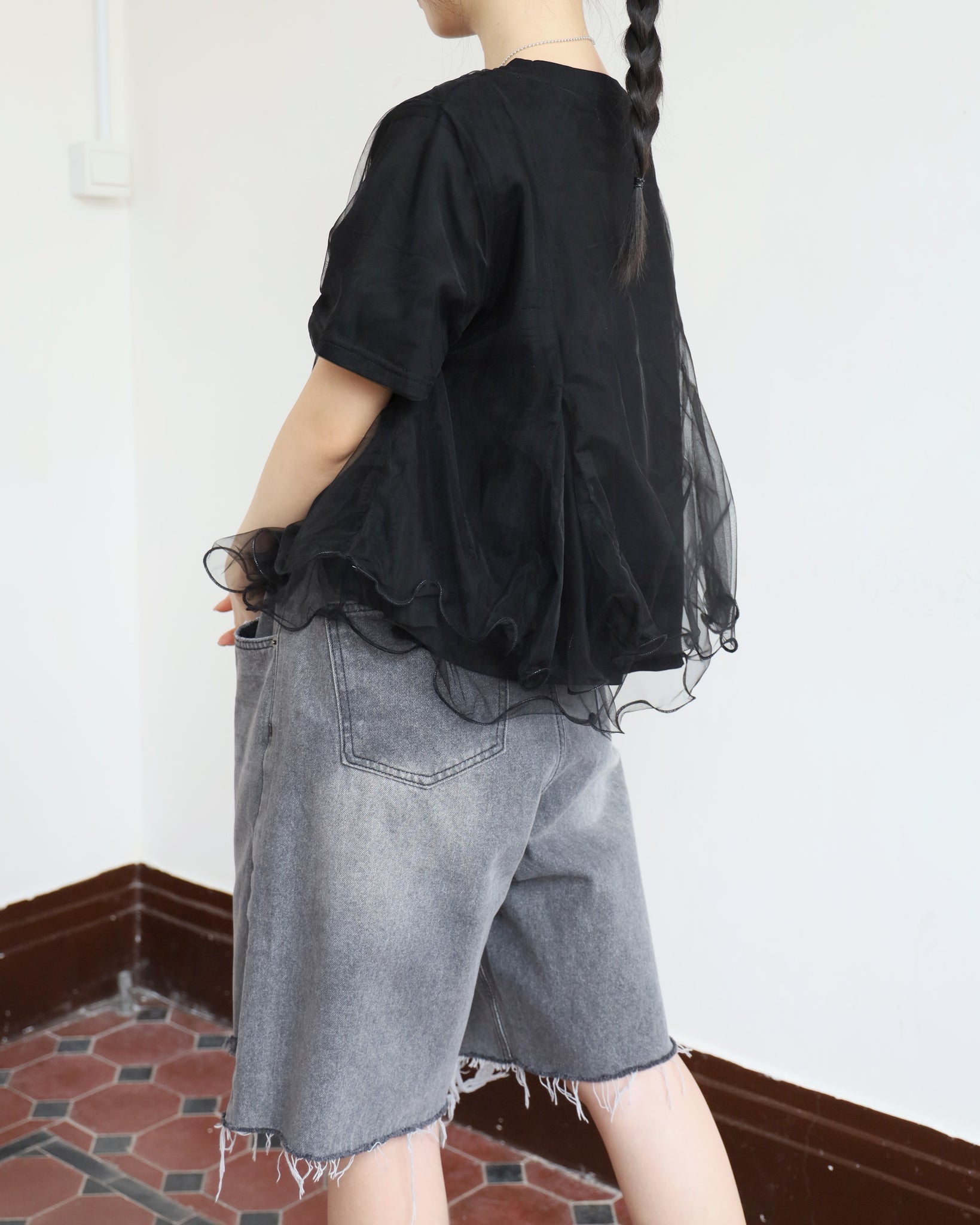 Mesh Layer Peplum Hem Tee (2 colors)