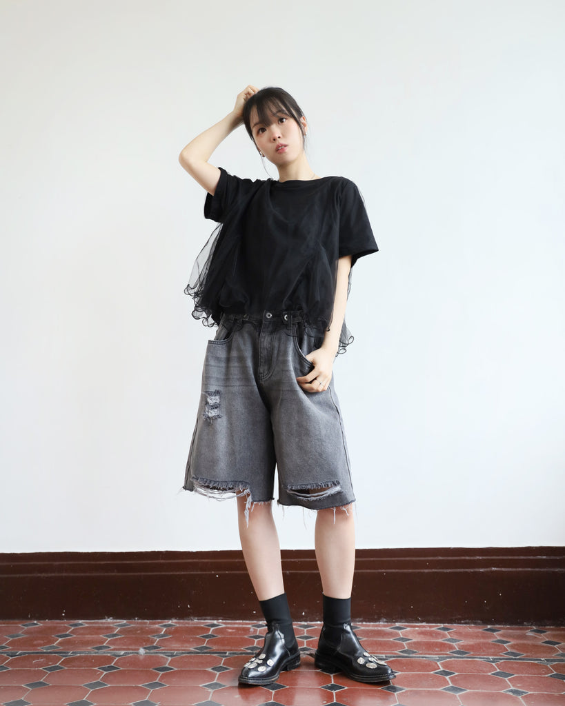 Mesh Layer Peplum Hem Tee (2 colors)