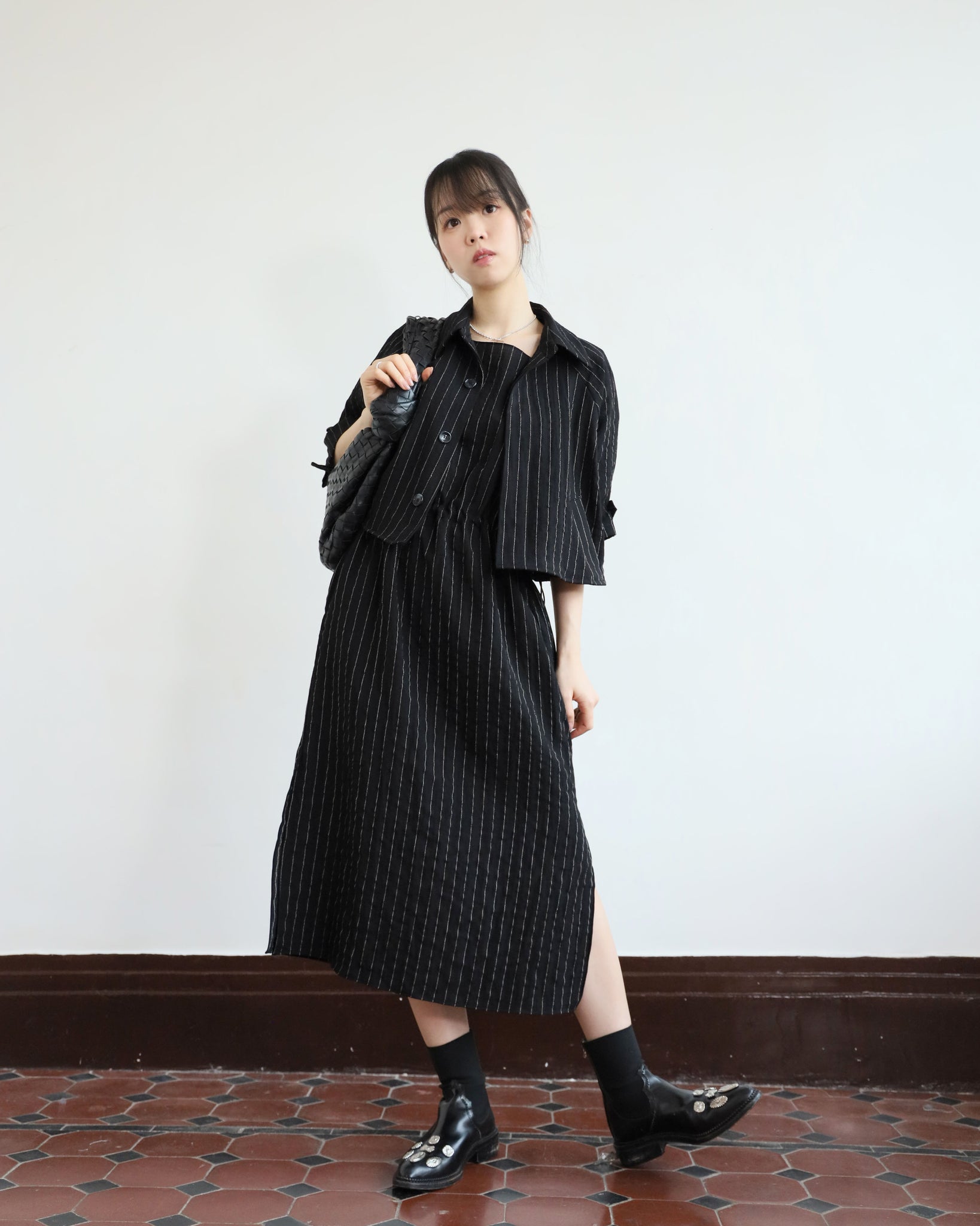 Pinstripe Drawstring Dress
