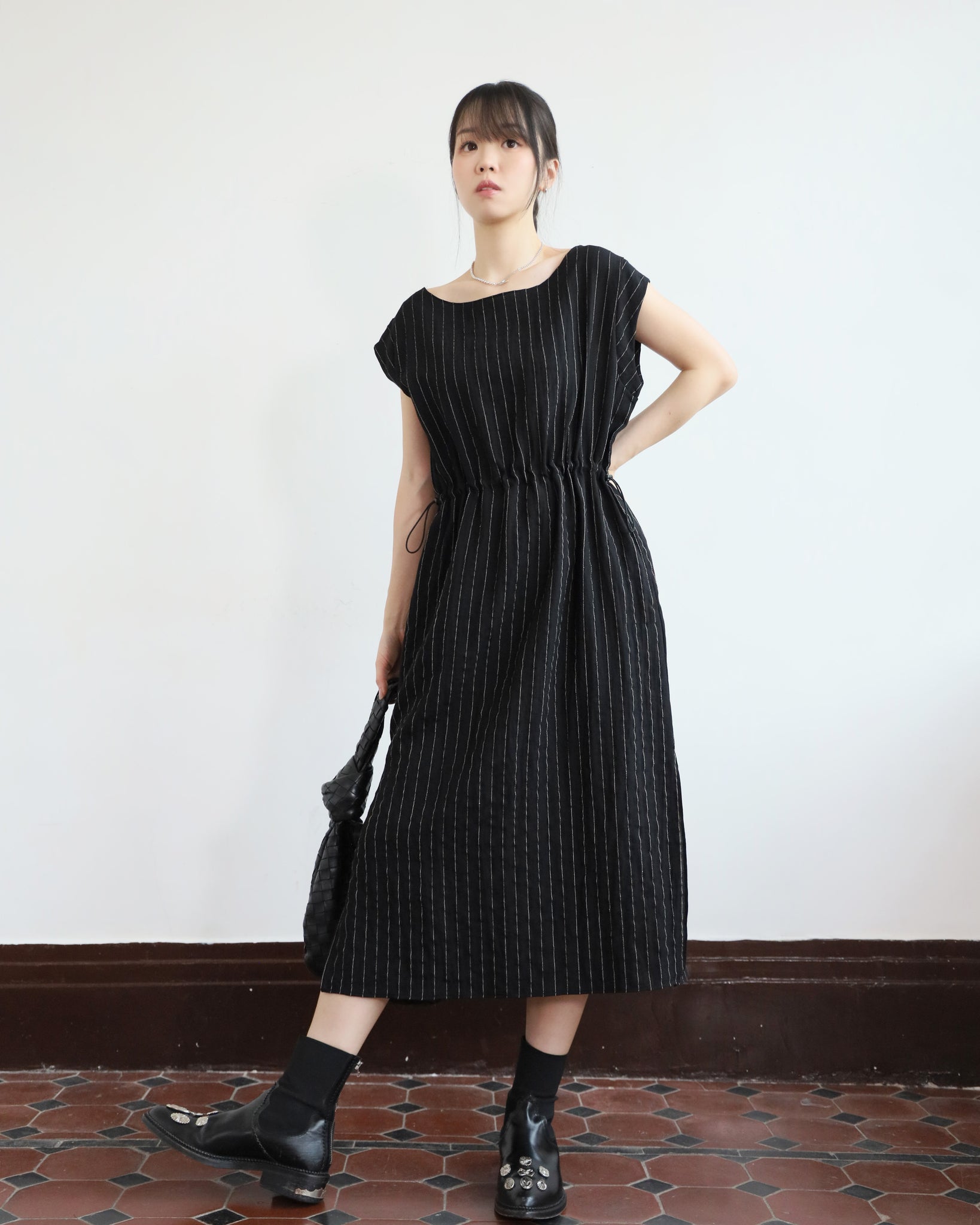Pinstripe Drawstring Dress