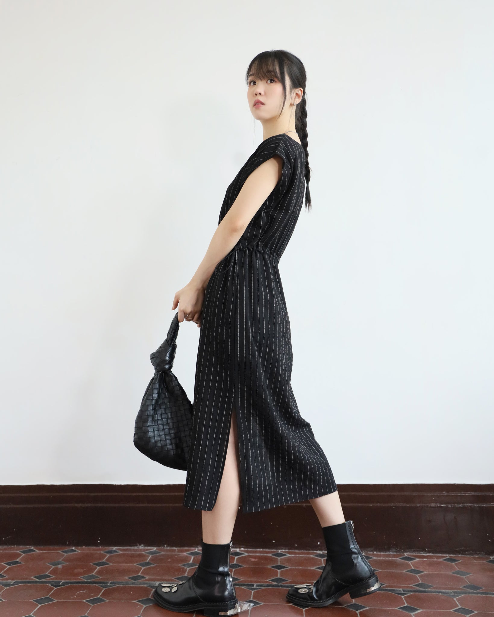 Pinstripe Drawstring Dress