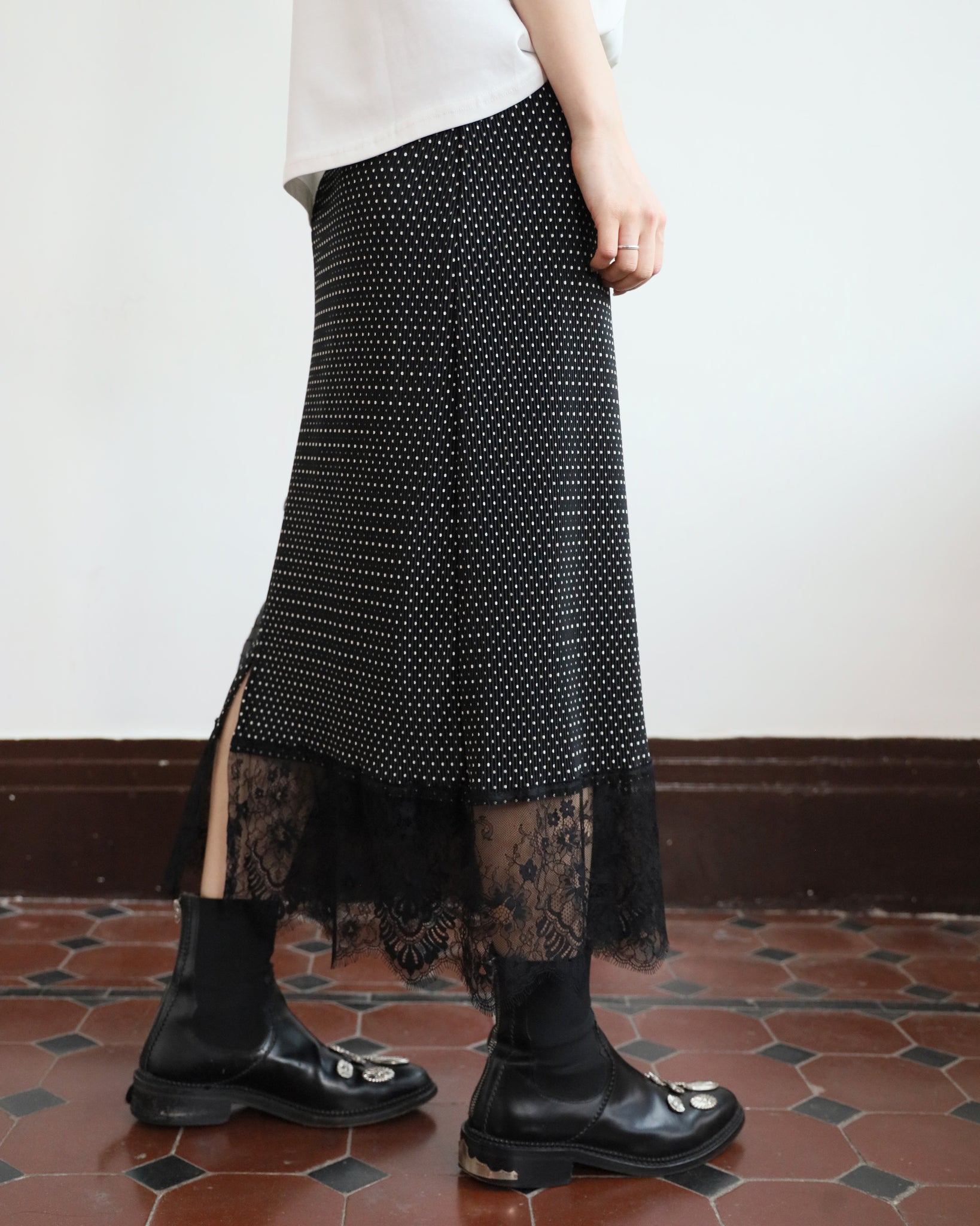 Polka Dot Lace Hem Skirt