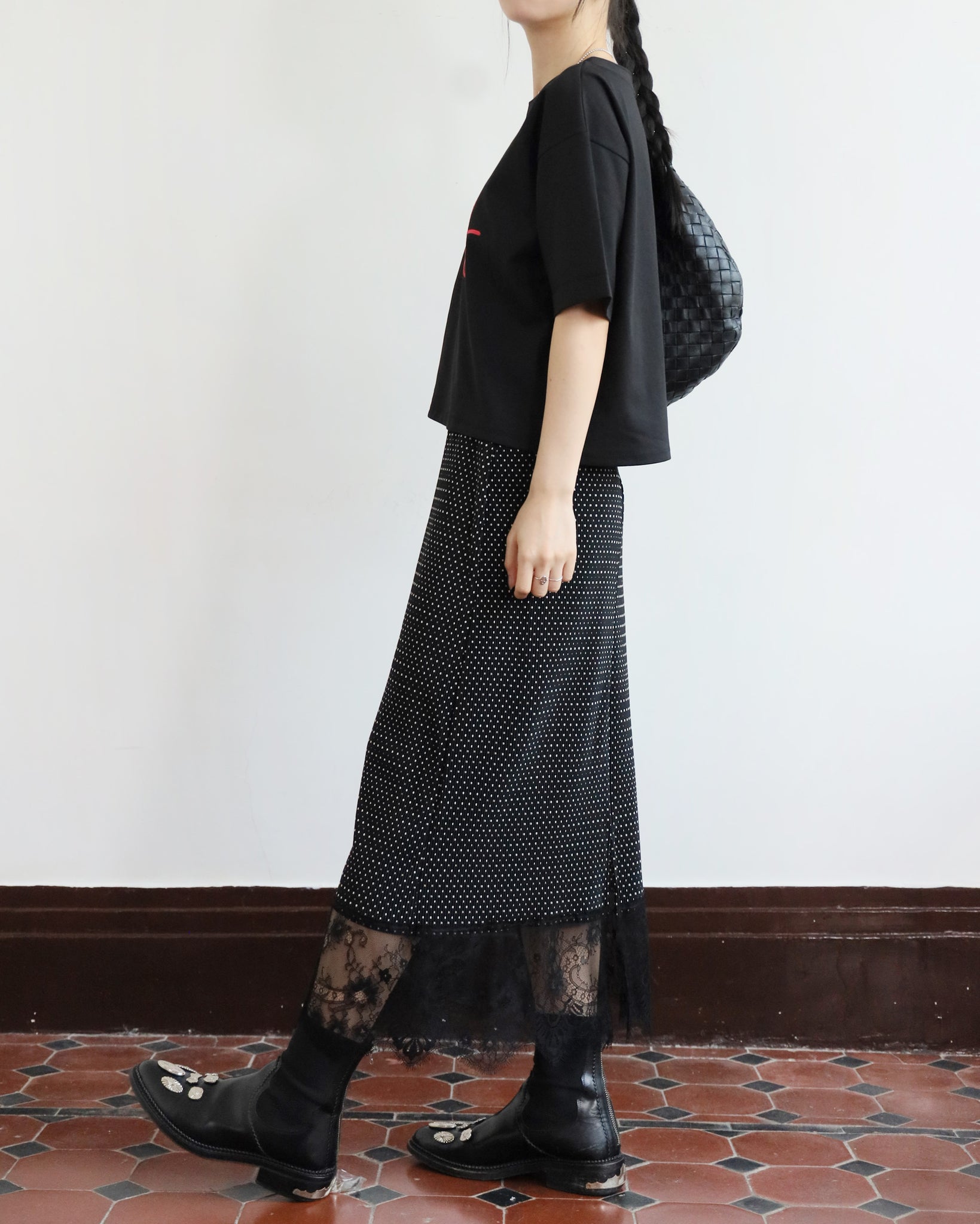 Polka Dot Lace Hem Skirt