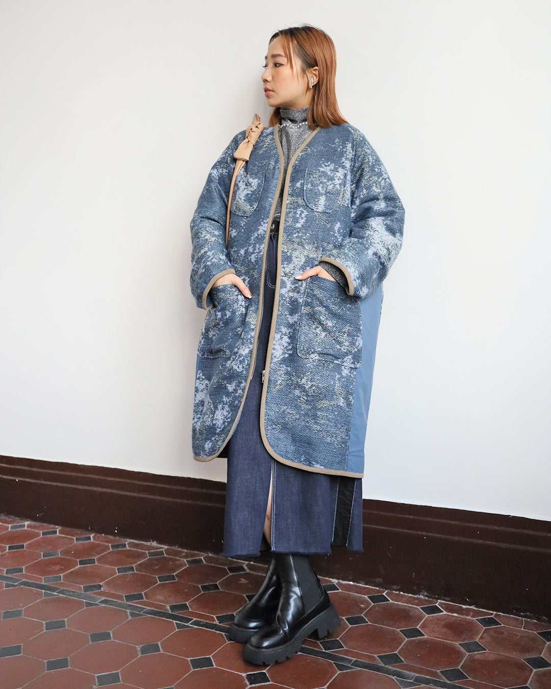 Jacquard Fabric Mix Longline Coat
