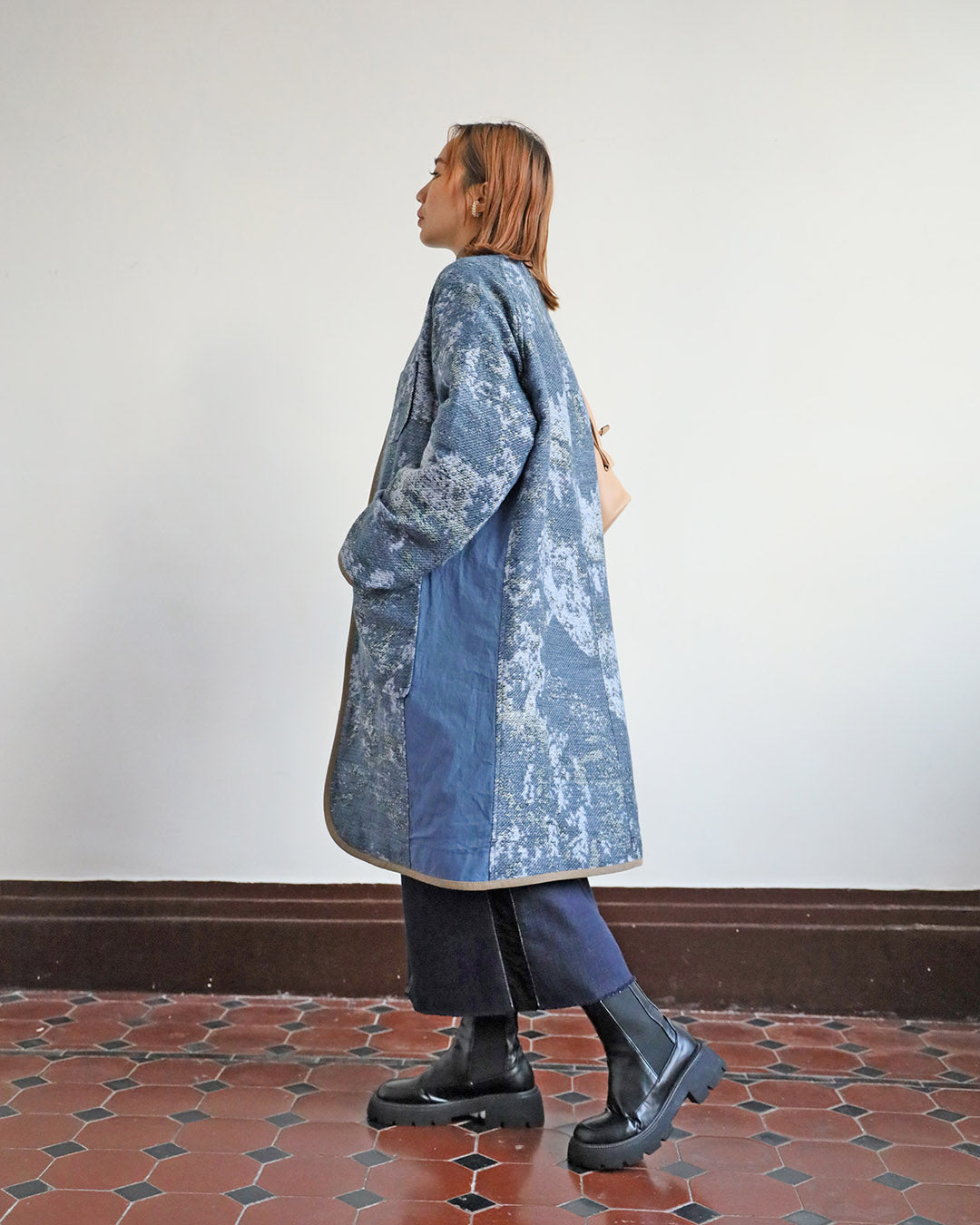 Jacquard Fabric Mix Longline Coat