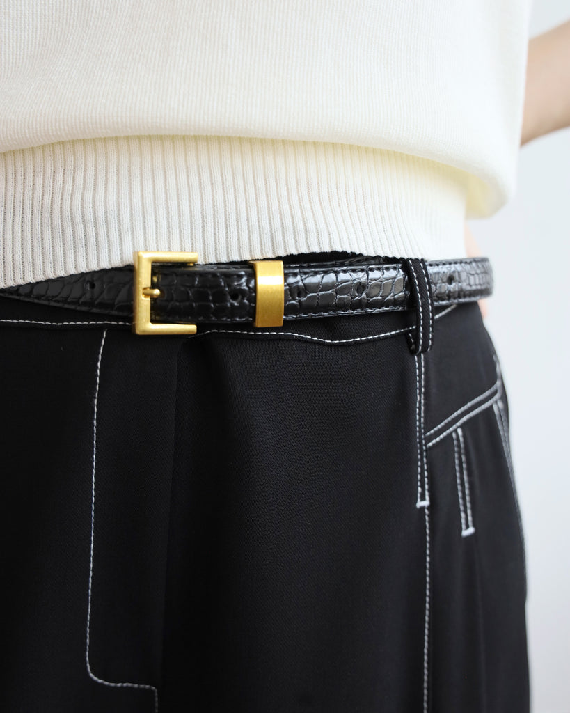Croc-Embossed Leather Belt with Gold Buckle