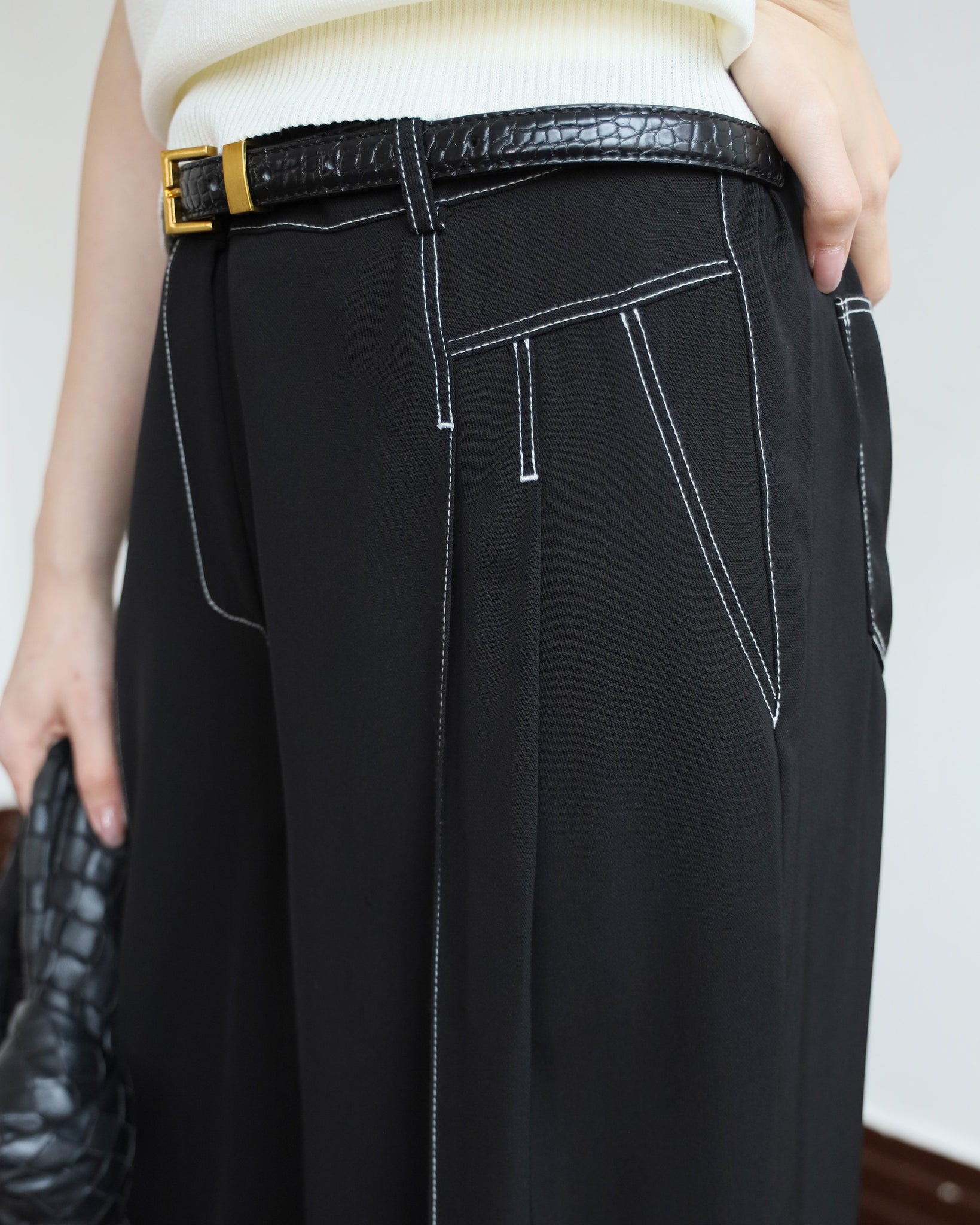 Croc-Embossed Leather Belt with Gold Buckle
