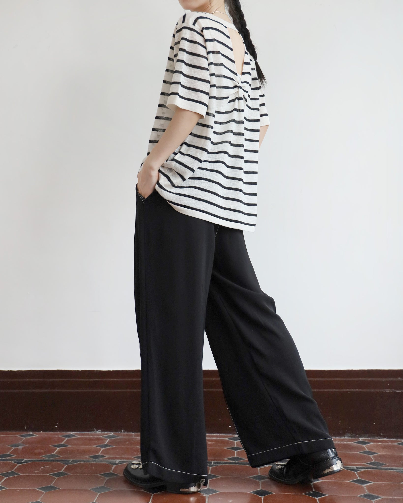 Cut Out Back Striped Knit Top (2 colors)