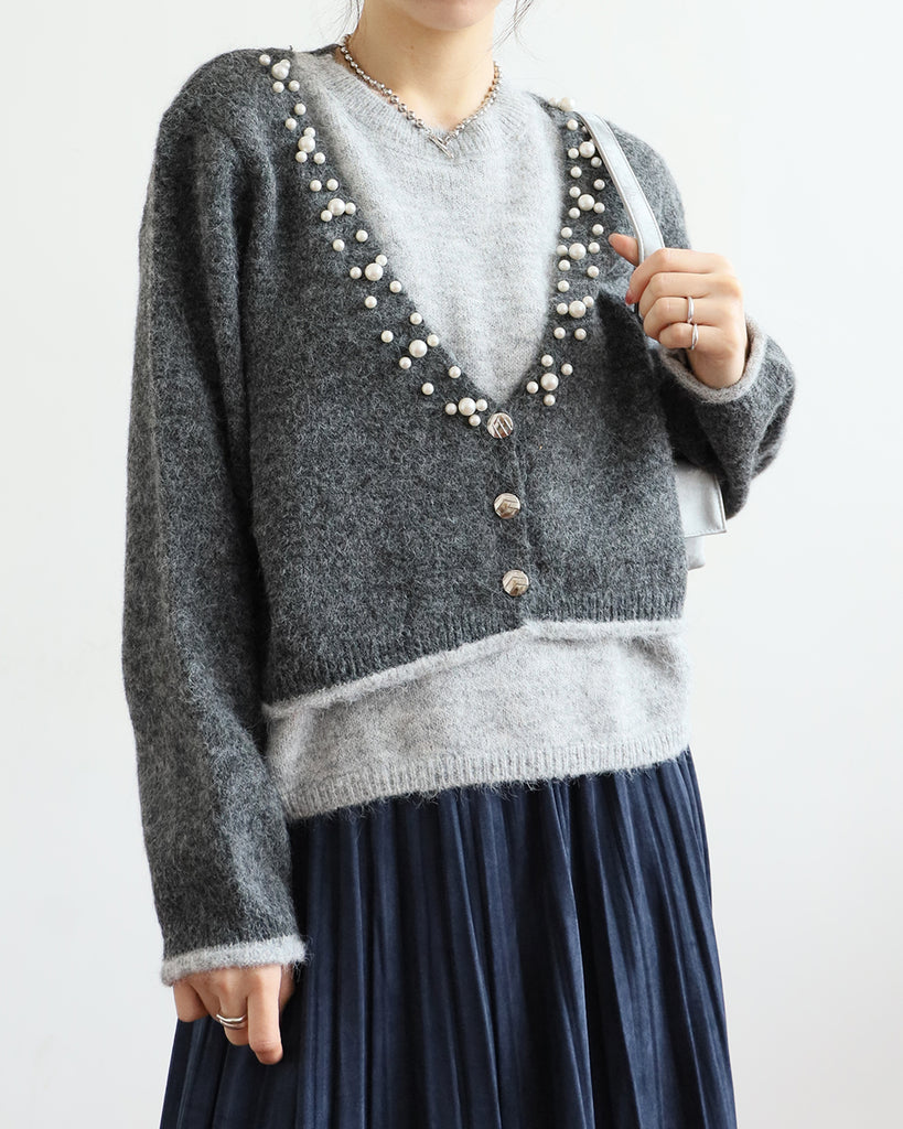 2 Tone Layer knit Top w/ Pearl Details (2 colors)