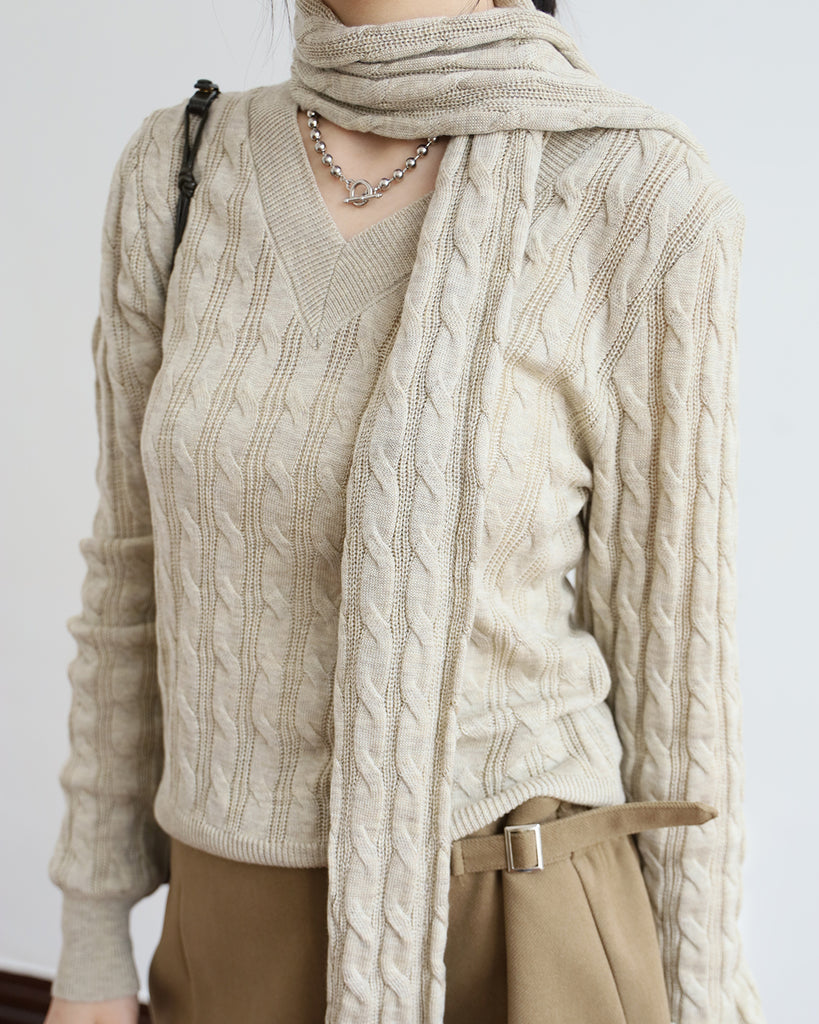 Braided V-Neck Knit Top w/ Scarf (2 colors)