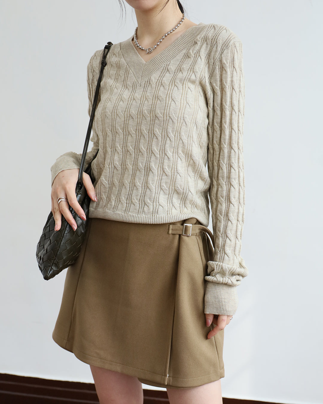 Braided V-Neck Knit Top w/ Scarf (2 colors)
