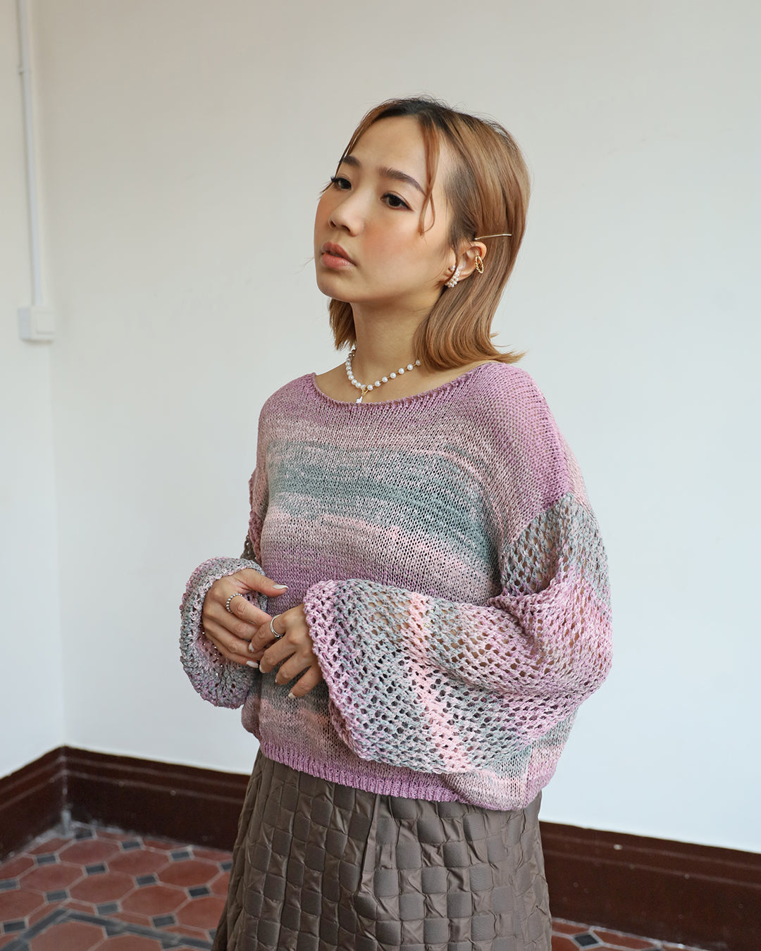Gradient Knit Top w/ Crochet Sleeves (2 color)