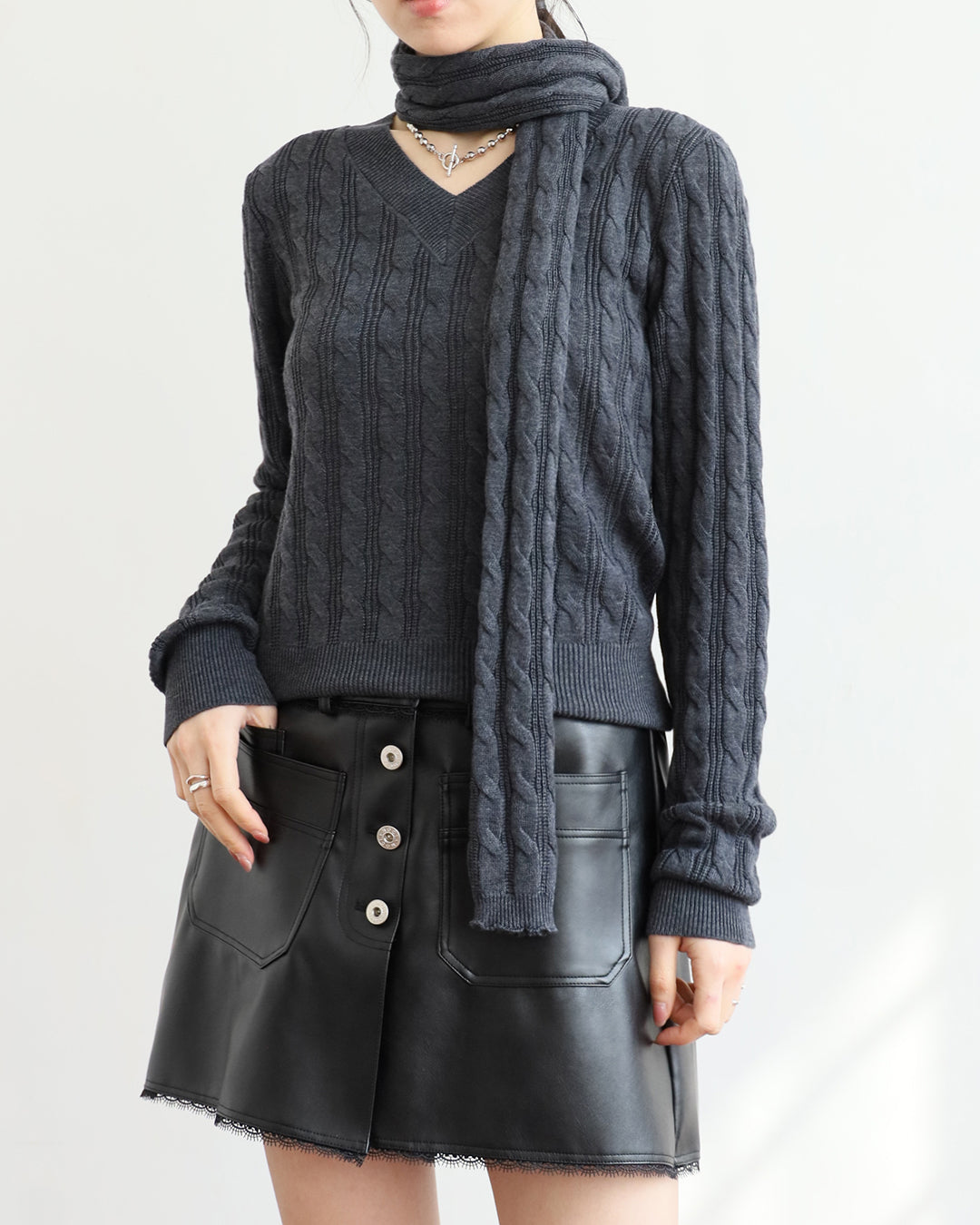 Braided V-Neck Knit Top w/ Scarf (2 colors)