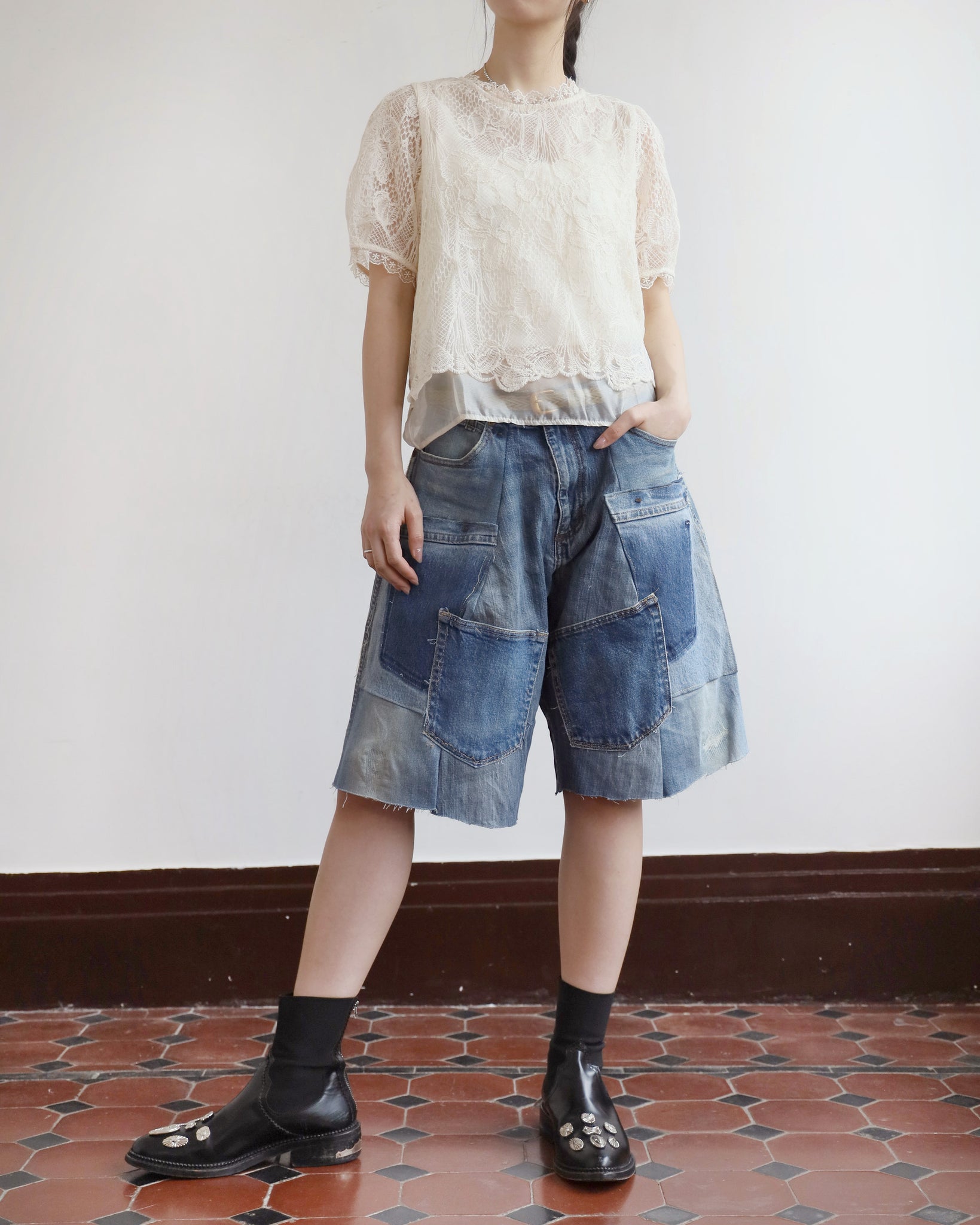 Upcycle Patchwork Denim Shorts (waist 31")