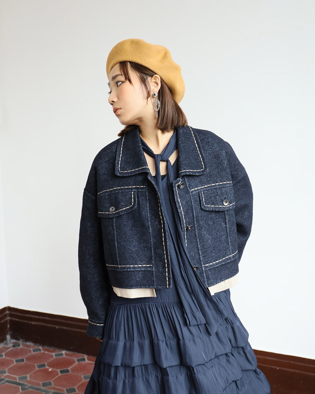 Contrast Stitch Wool Jacket w/ Shirt Layer