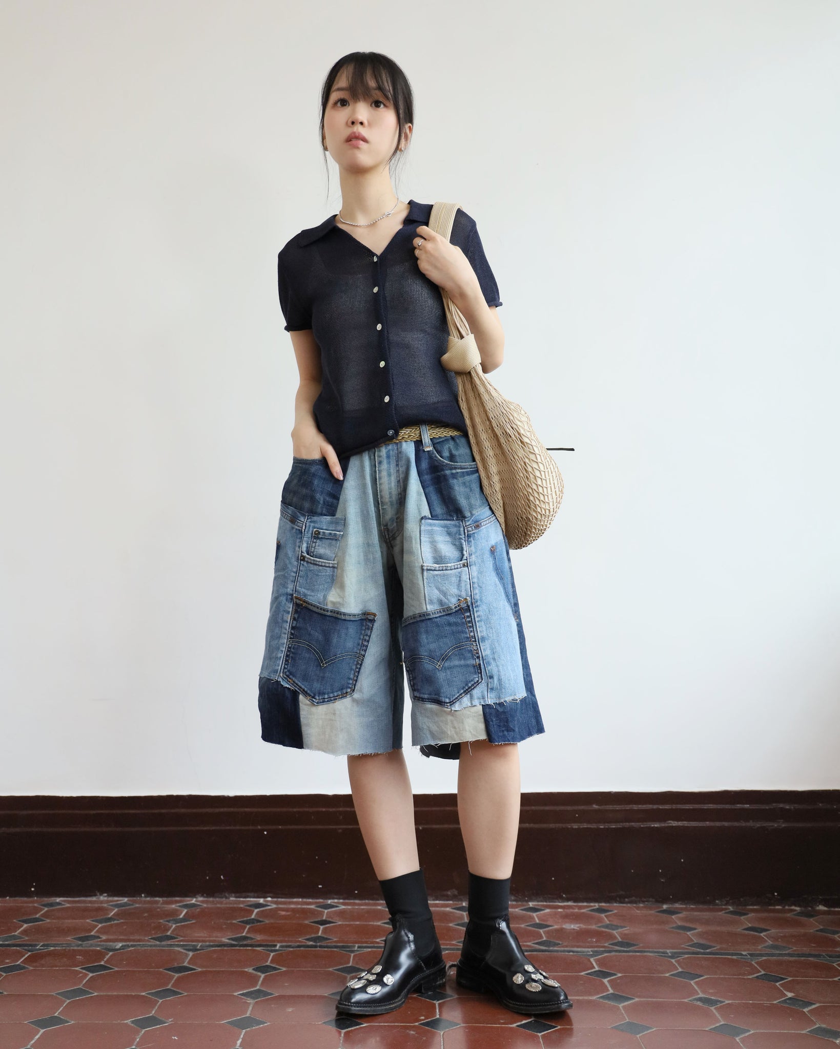 Upcycle Patchwork Denim Shorts (waist 34")
