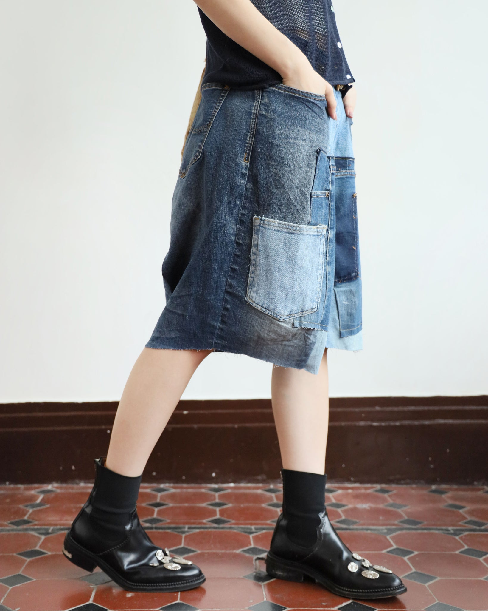 Upcycle Patchwork Denim Shorts (waist 33")