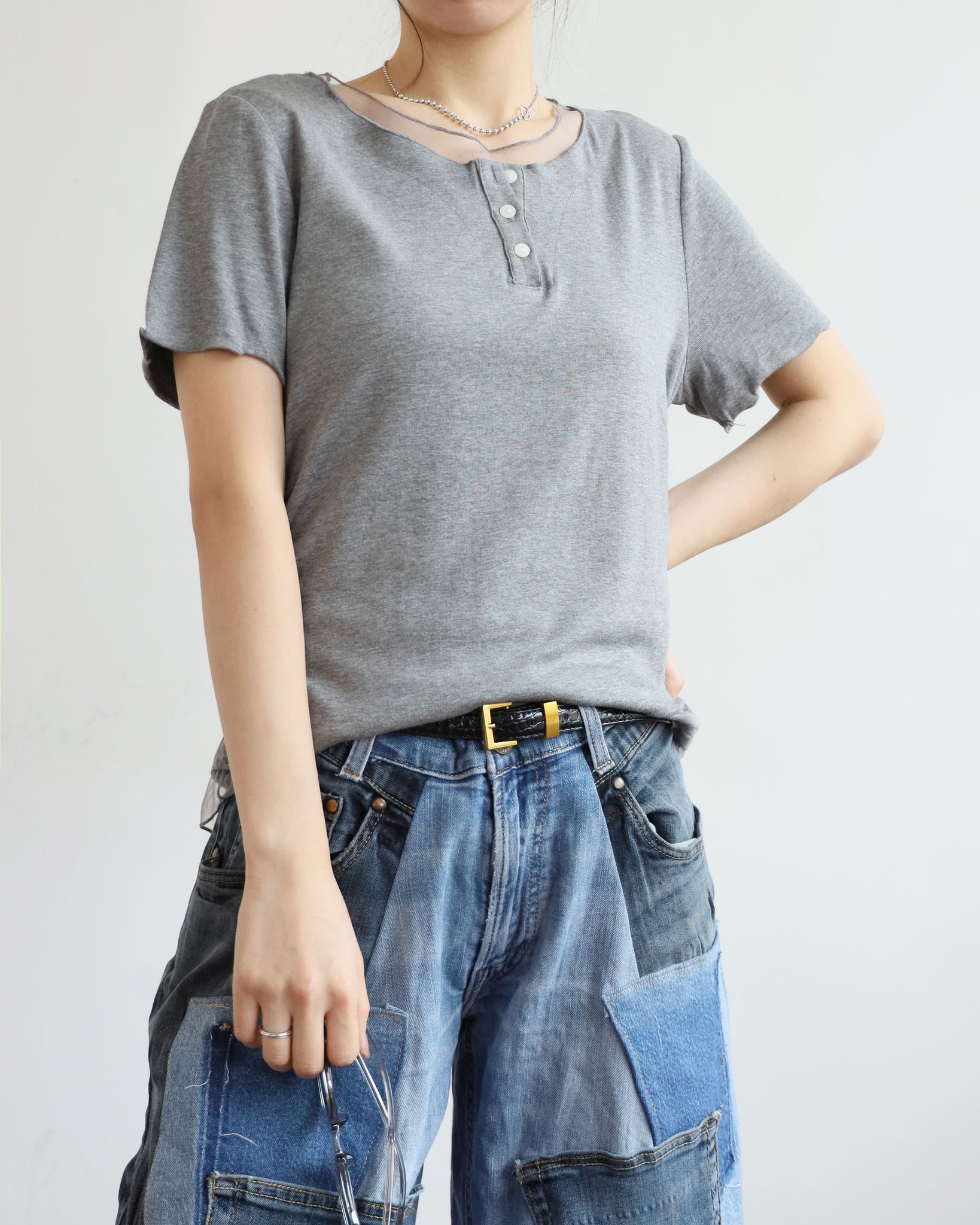 Mesh Trim Henley Top (4 colors)